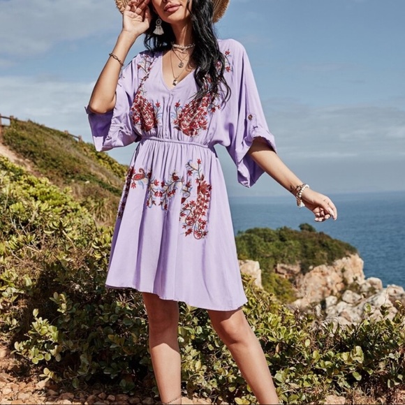 Boho off shoulder floral embroidered spring dress - Picture 6 of 8